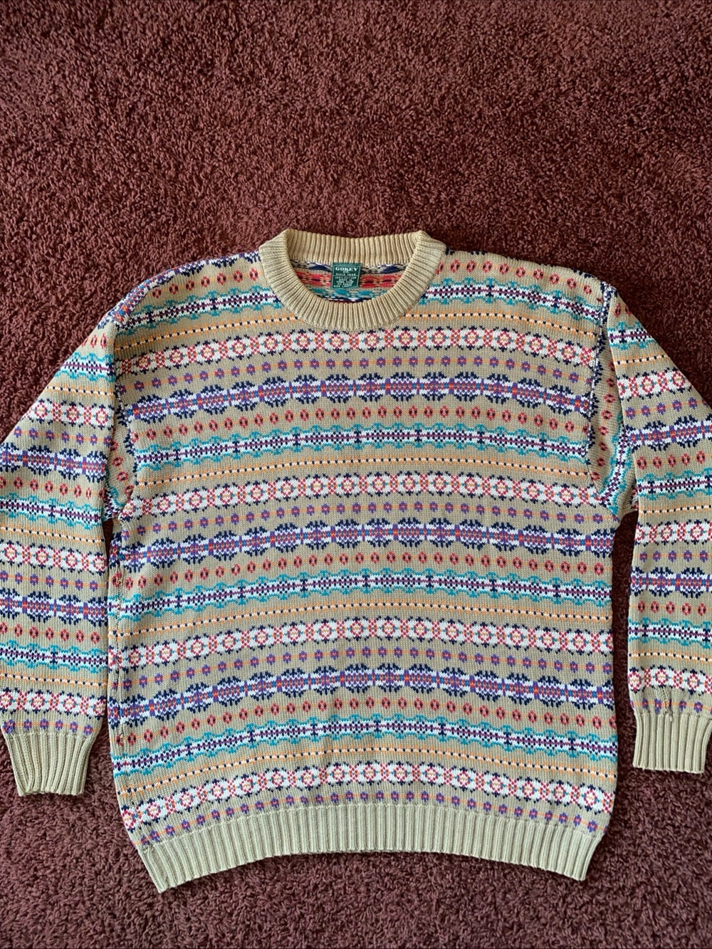 Gokey Co Fair Isle Crewneck Sweater Mens L Tan 100% Cotton Vintage Nordic Preppy